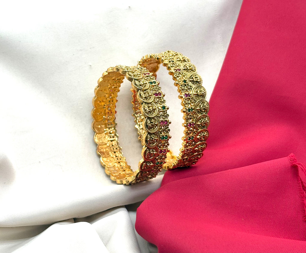 Matte finish Ruby & Coin Lakshmi Premium Bangle - Set of 2