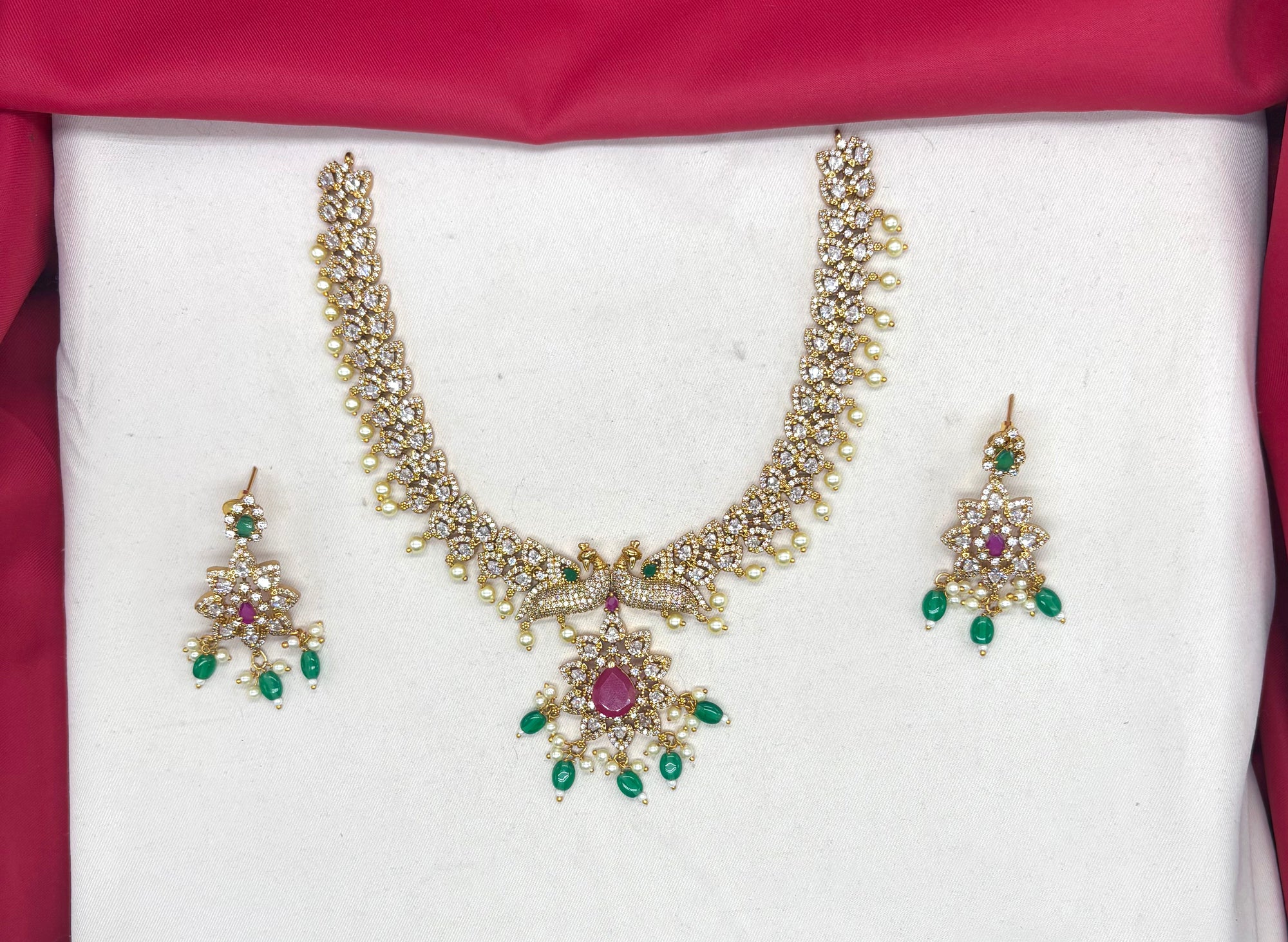 Matte finishing American Diamonds peacock design Short Necklace