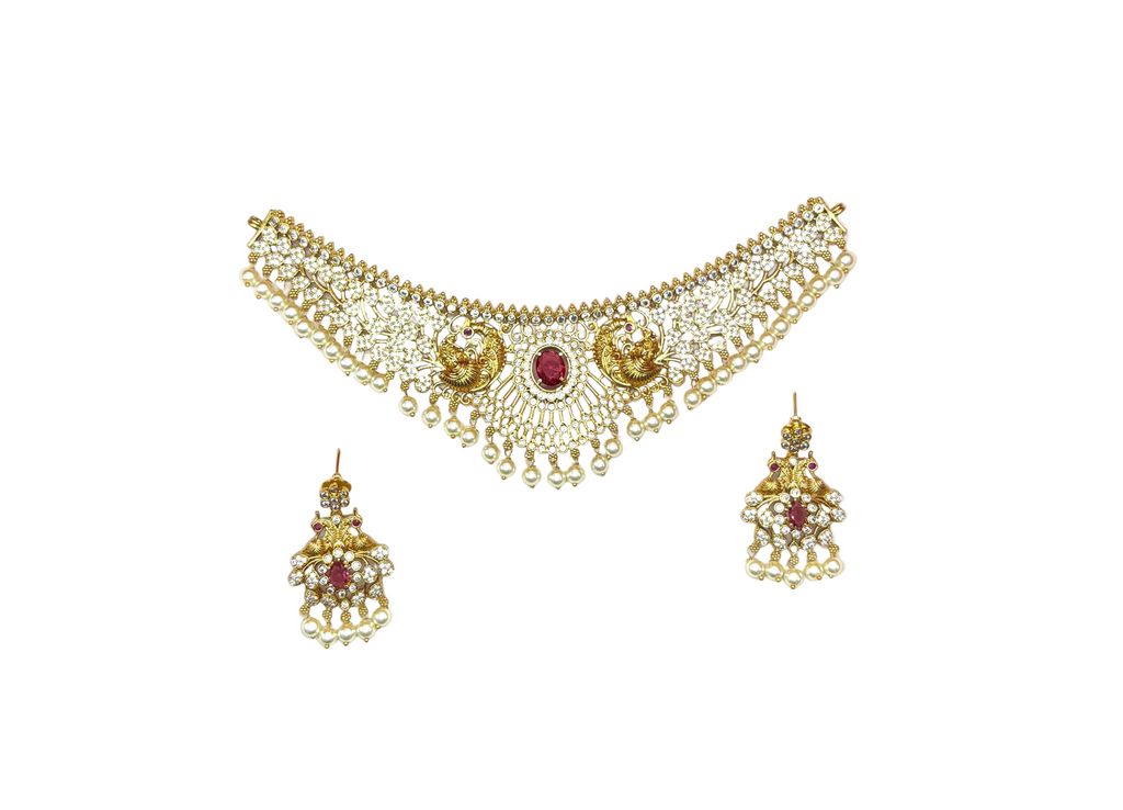 Matte finishing leaf peacock design with Red stone (choker)Necklace