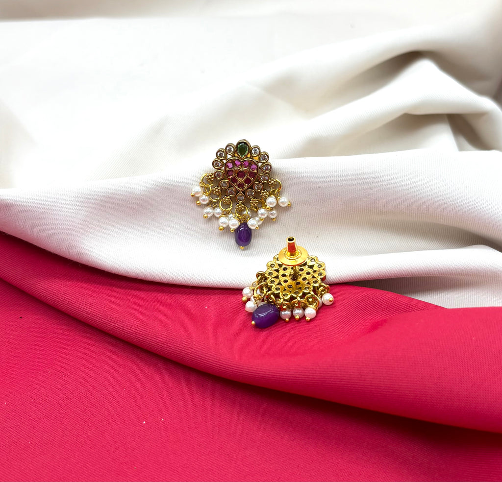 Kempu jadau Hearted design dangling Purple stone drop Earring