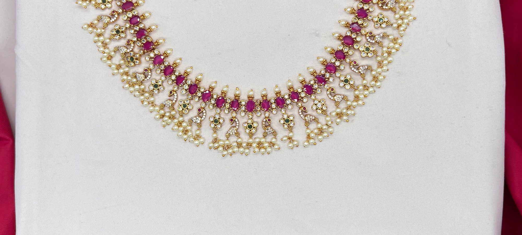 Premium matte finish Peacock design with flower finish Pink Stones Short Necklace