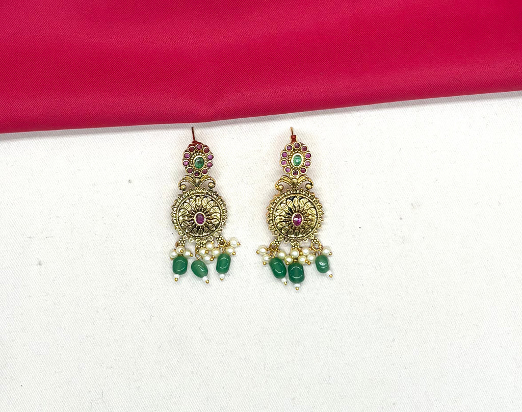 Nakshi Finishing floral design with Green Beads Short Necklace