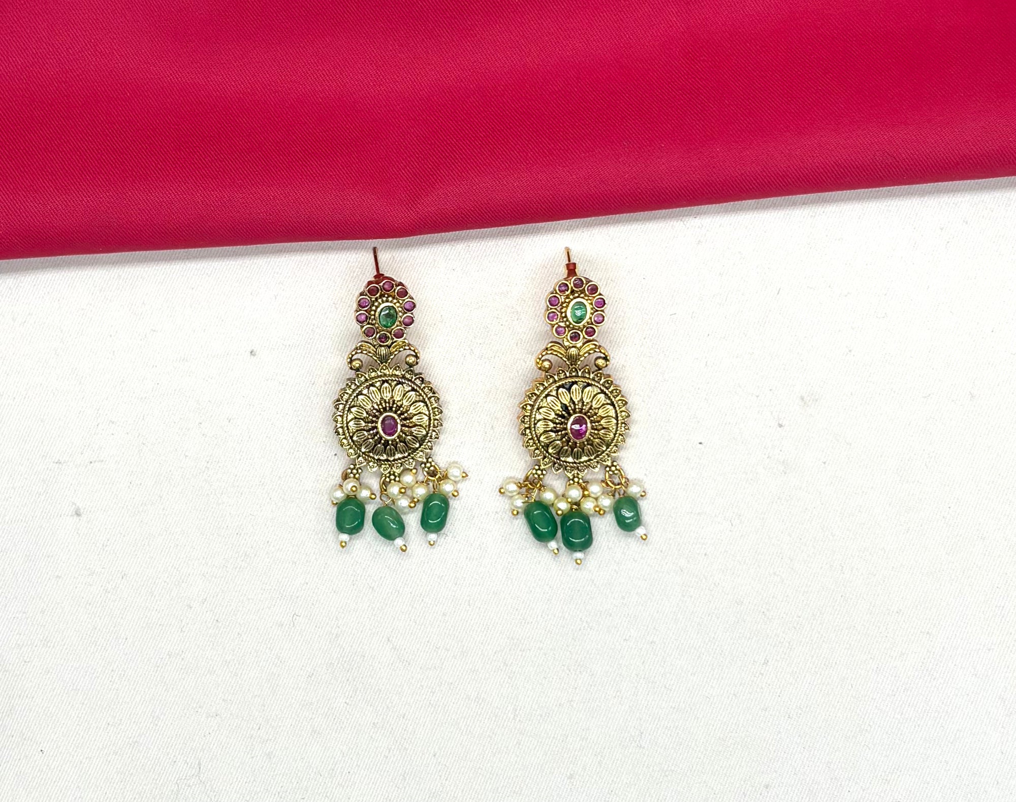 Nakshi Finishing floral design with Green Beads Short Necklace