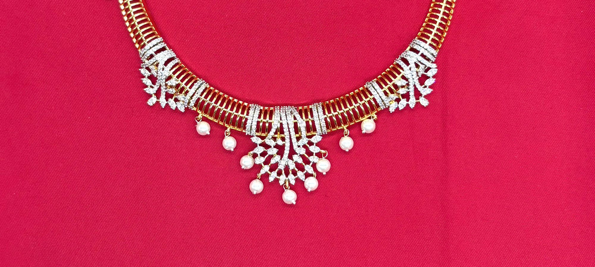 Premium G.J polish American Diamonds with White pearls Short Kanti Necklace