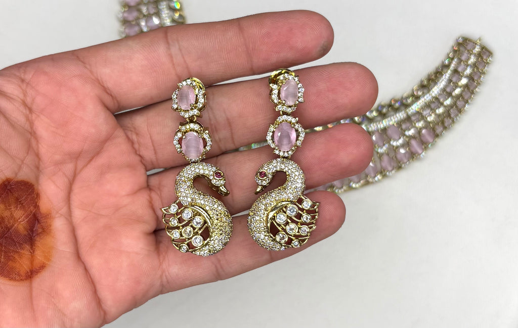 Premium Victorian finishing peacock design American diamonds With Baby-pink stones Necklace