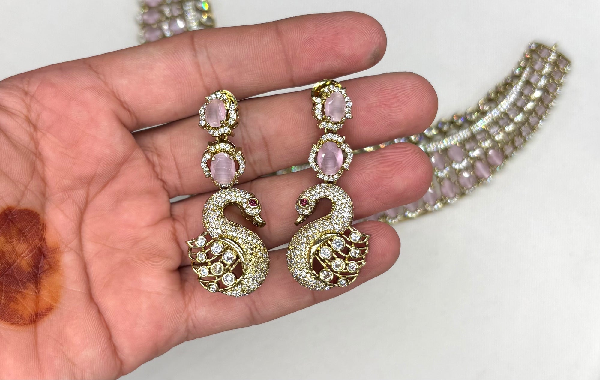 Premium Victorian finishing peacock design American diamonds With Baby-pink stones Necklace