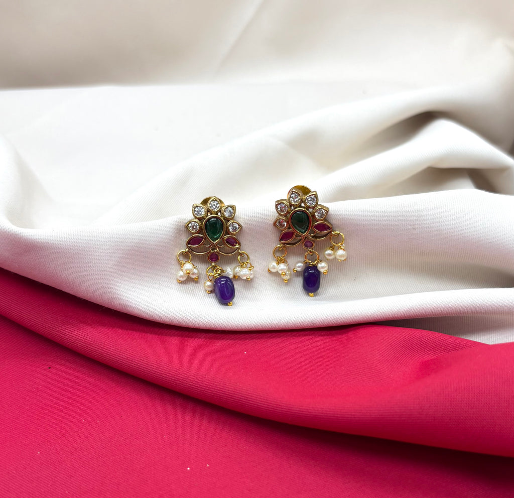 Kempu jadau Flower design dangling Purple stone drop Earring