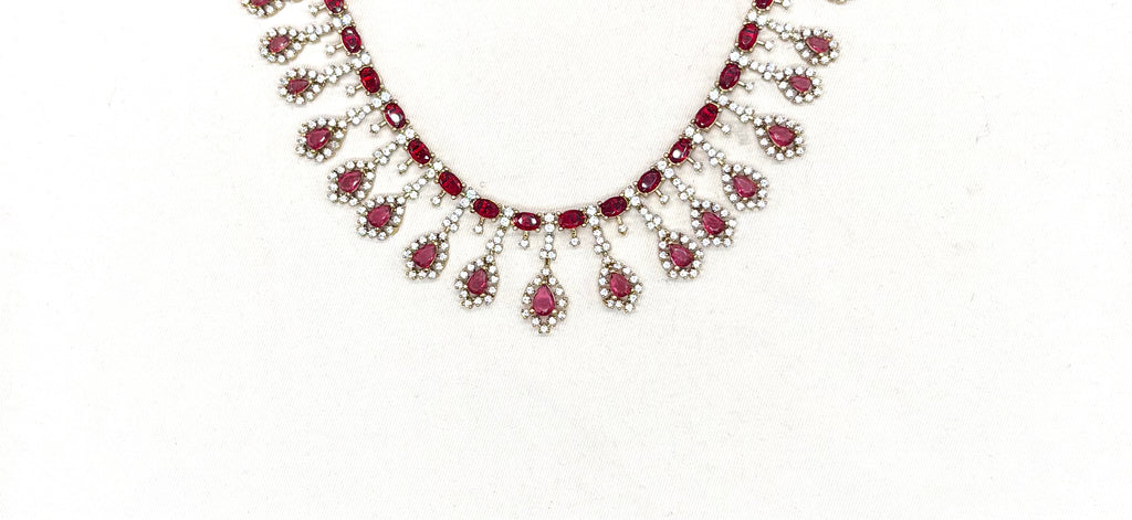 Victorian finishing American Diamond and Red stones Short Necklace