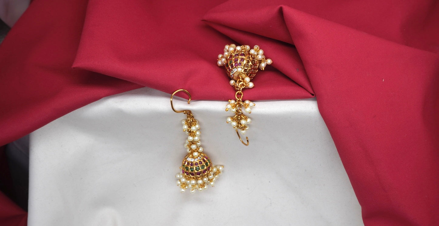 Matte finishing multi-stones with cluster of pearls Jhumka earrings