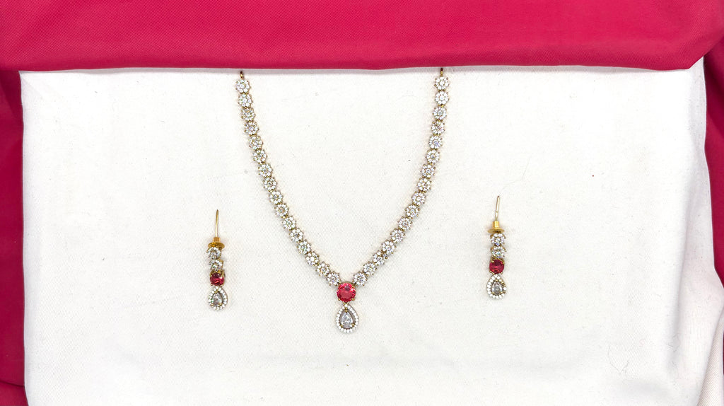 Victorian finishing floral design American Diamonds with Red Stone Short Necklace