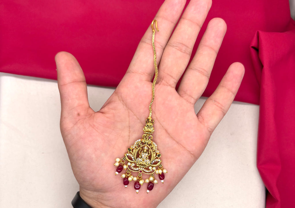 Matte finishing American Diamonds Lord Lakshmi Red Beads Maang Tikka