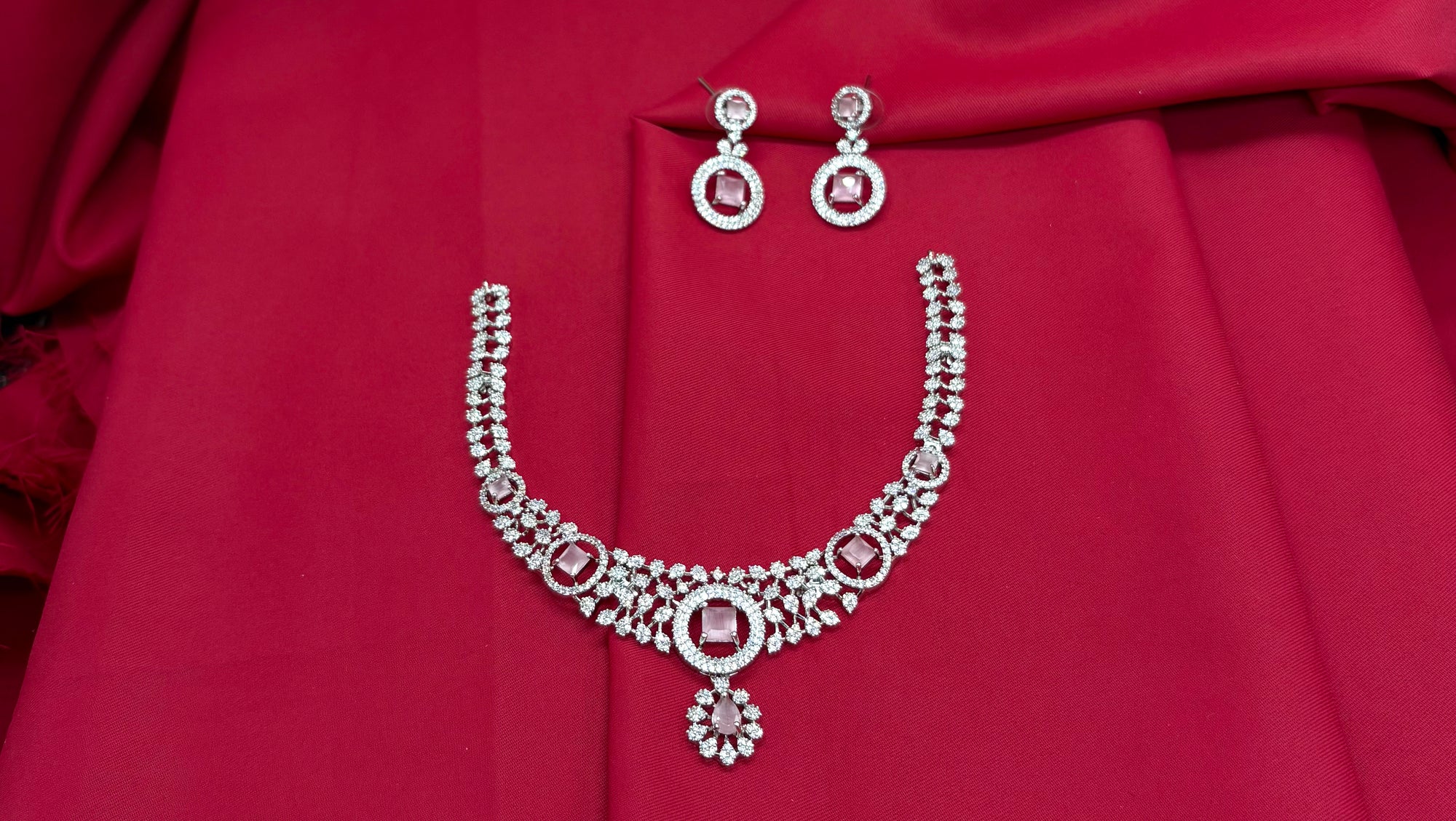 Silver Polish White & Baby-Pink  AD Studded Short Necklace