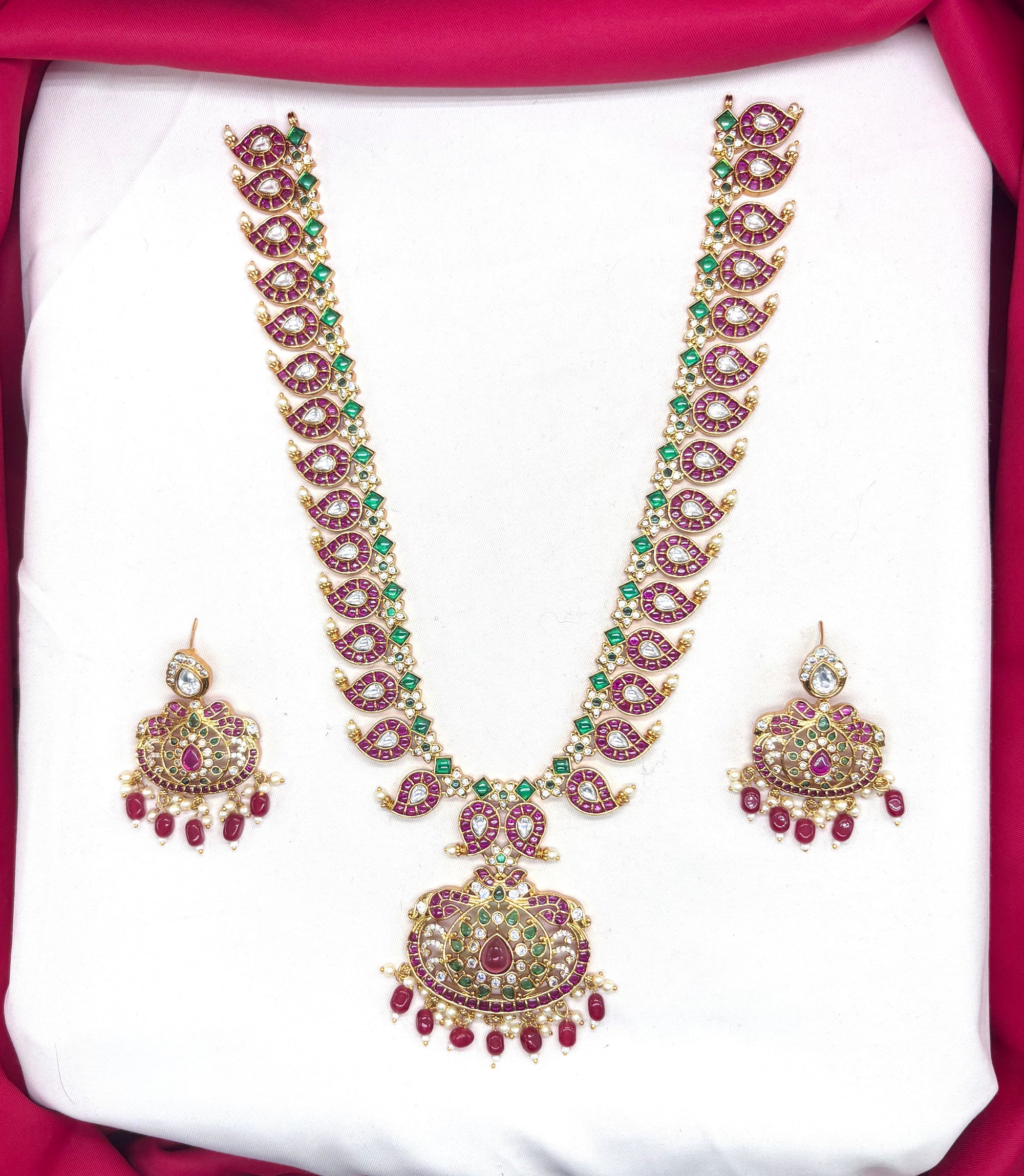 Premium Jadau kundan with floral finish and pink beads Long Necklace