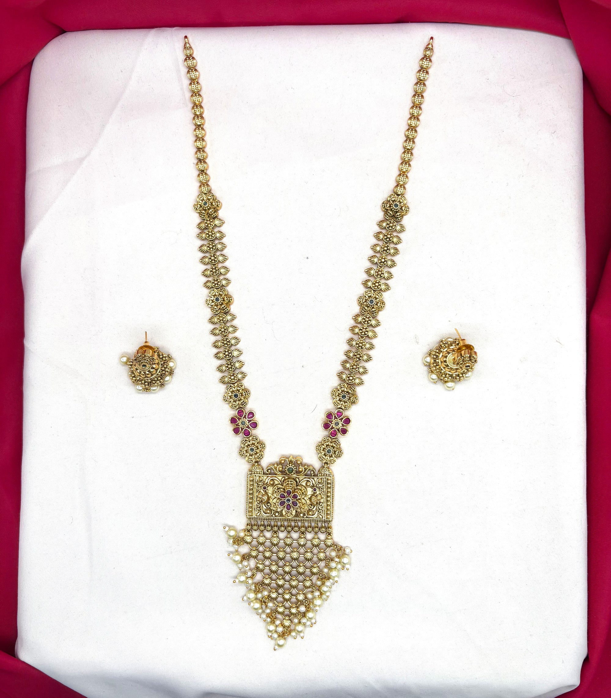 Premium Nakshi finishing floral design with with Beautifully finish white pearls Long Haram Necklace