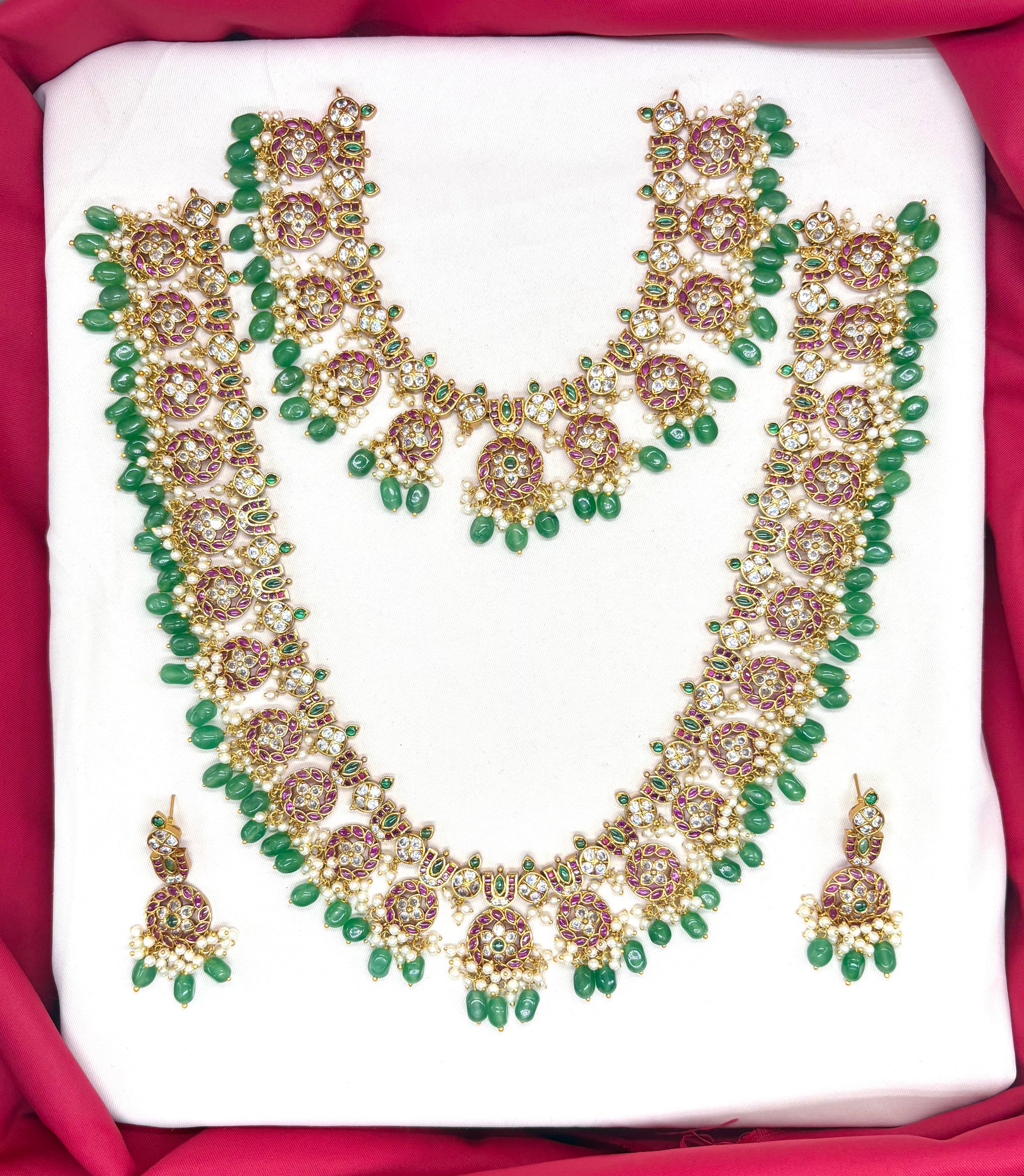 Jadau Kundan Green stones with  white pearls Combo-Set