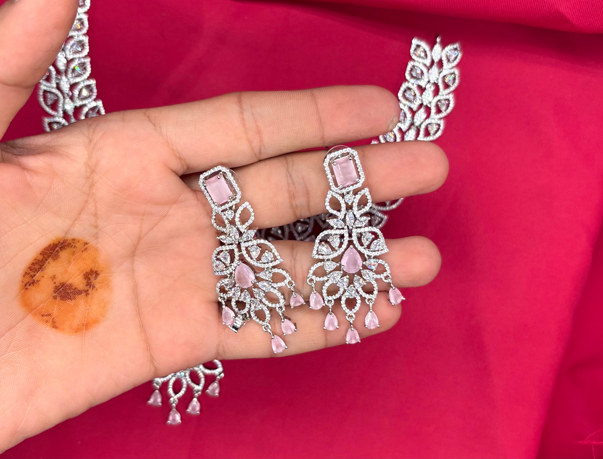 Sliver finishing American Diamond baby-pink stones leaf design stones Necklace