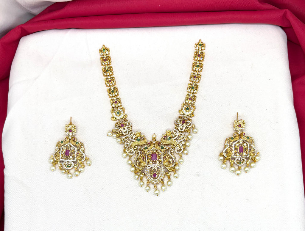 Matte finishing peacock and floral design with white pearls short Necklace