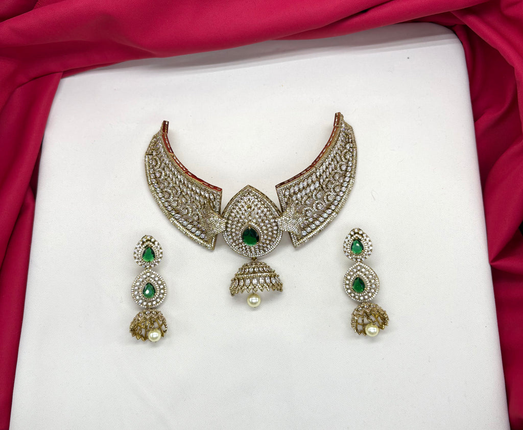 Victorian finishing American Diamonds with Green  stones Choker