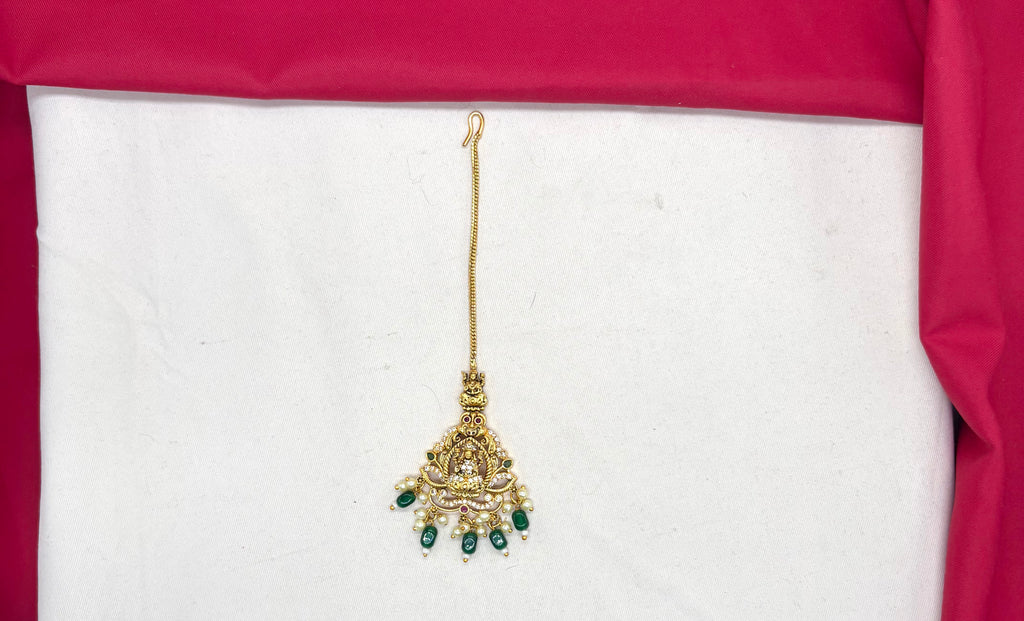 Matte finishing American Diamonds Lord Lakshmi Green Beads Maang Tikka