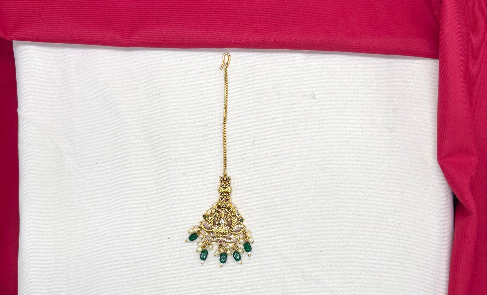 Matte finishing American Diamonds Lord Lakshmi Green Beads Maang Tikka