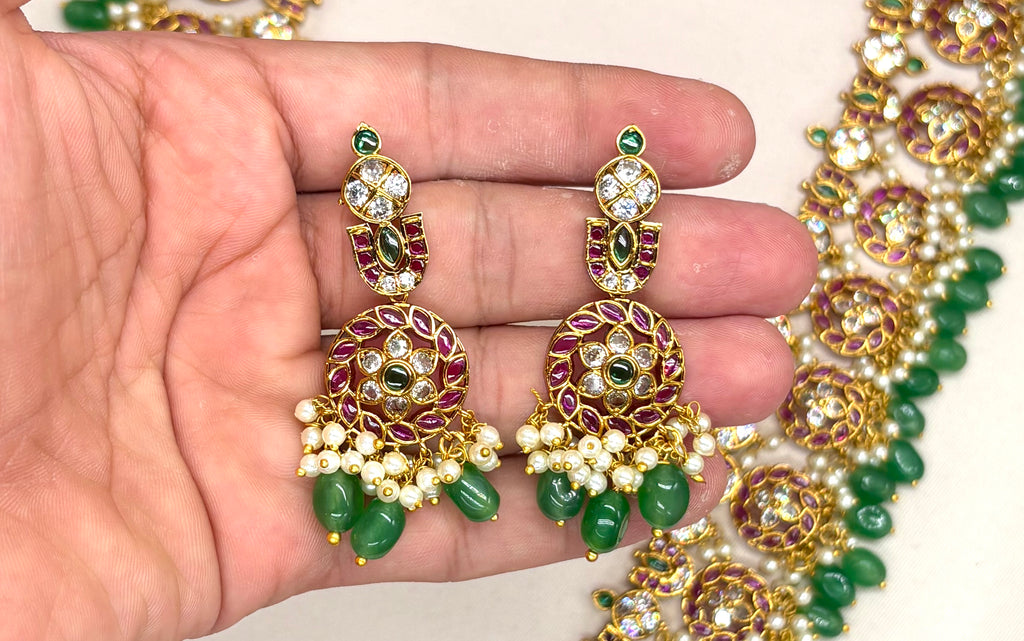 Jadau Kundan Green stones with  white pearls Combo-Set