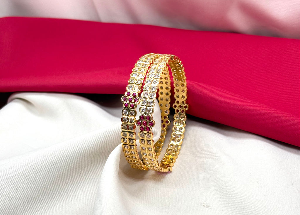 Pure panchaloham with Red stones flower design with American Diamond Bangles