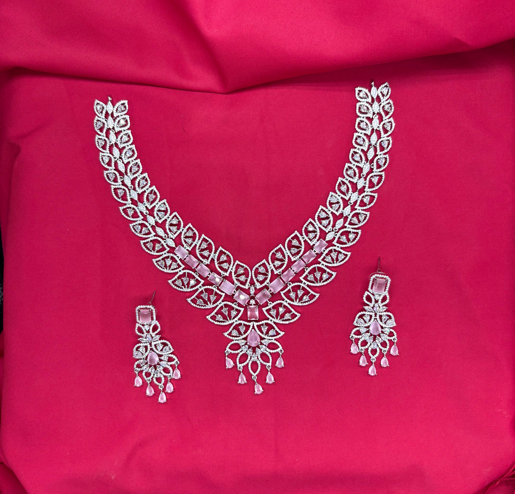 Sliver finishing American Diamond baby-pink stones leaf design stones Necklace