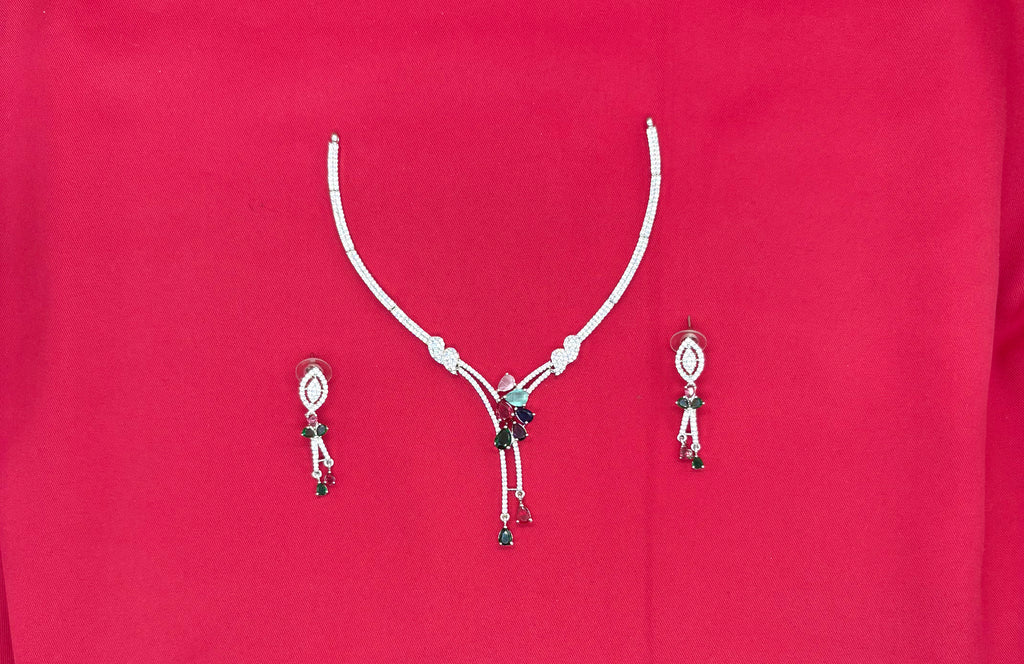 Silver American Diamonds stones deep Multi-stone teardrop and floral-shaped stones Short Necklace