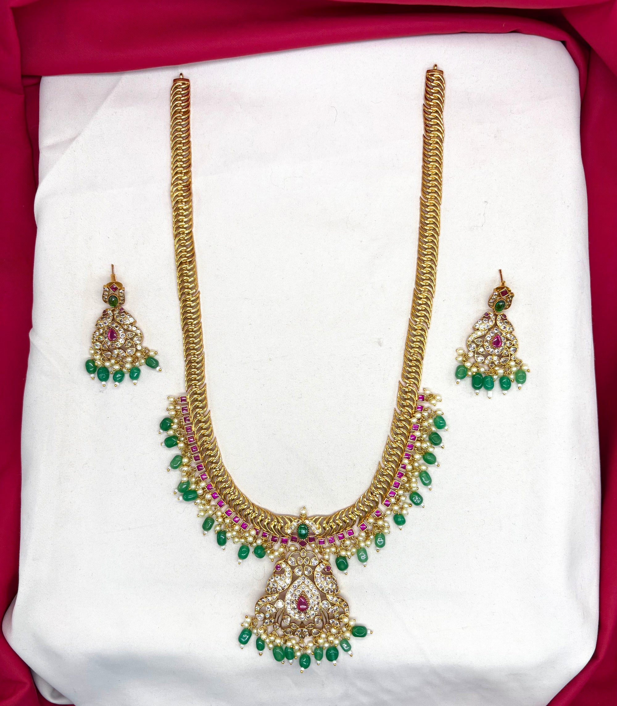 Matte finishing peacock design with Green beads Mango Long Haram