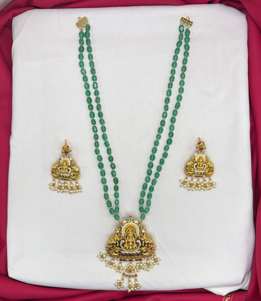 Premium Layered Lord Lakshmi design pendent Green stones Rani-Haram