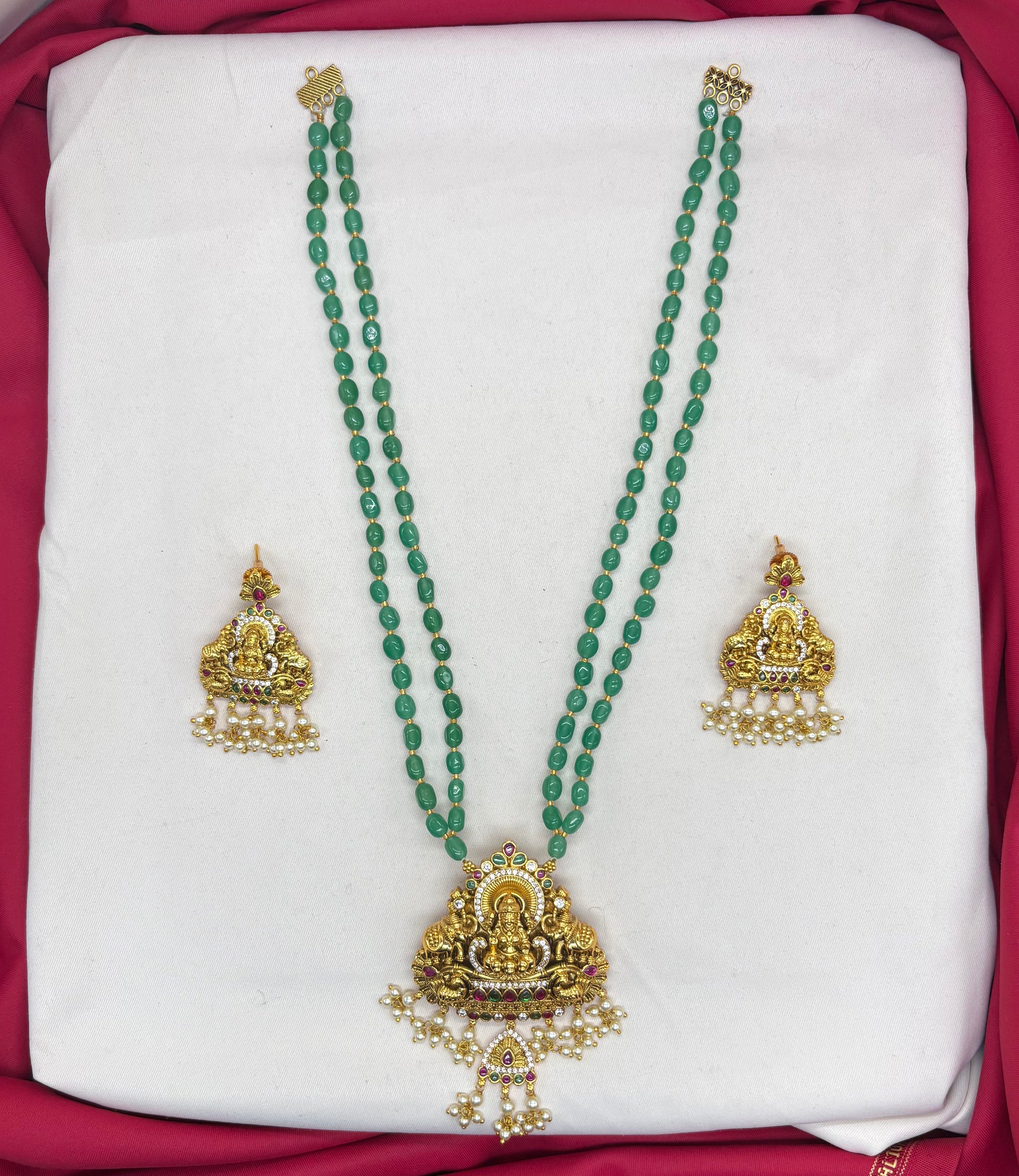 Premium Layered Lord Lakshmi design pendent Green stones Rani-Haram
