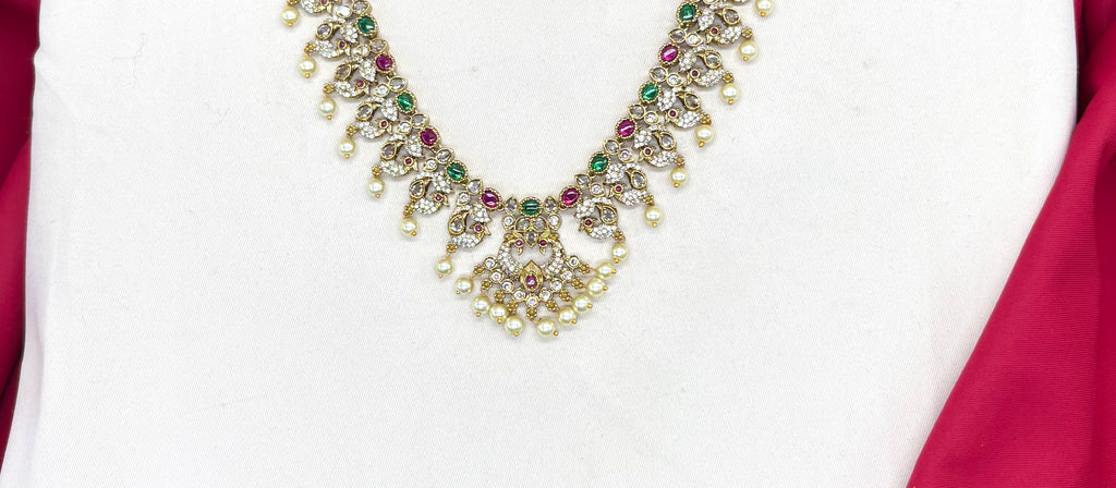 Victorian finishing peacock design with multi-stones Short Necklace
