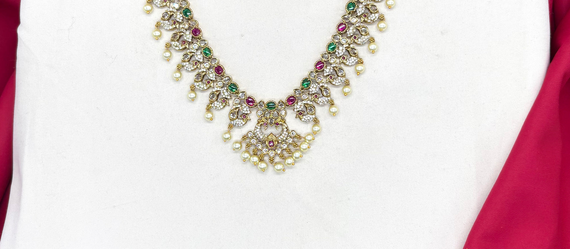 Victorian finishing peacock design with multi-stones Short Necklace