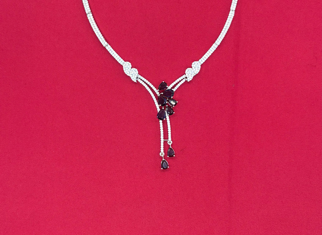 Silver American Diamonds stones deep purple teardrop and floral-shaped stones Short Necklace