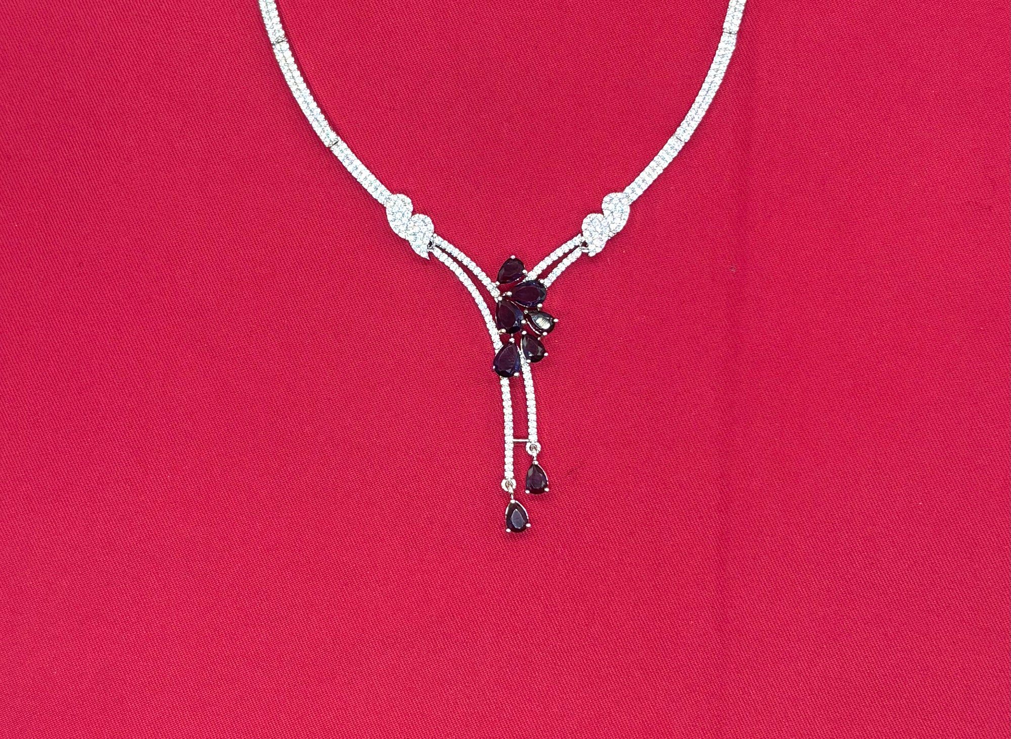Silver American Diamonds stones deep purple teardrop and floral-shaped stones Short Necklace