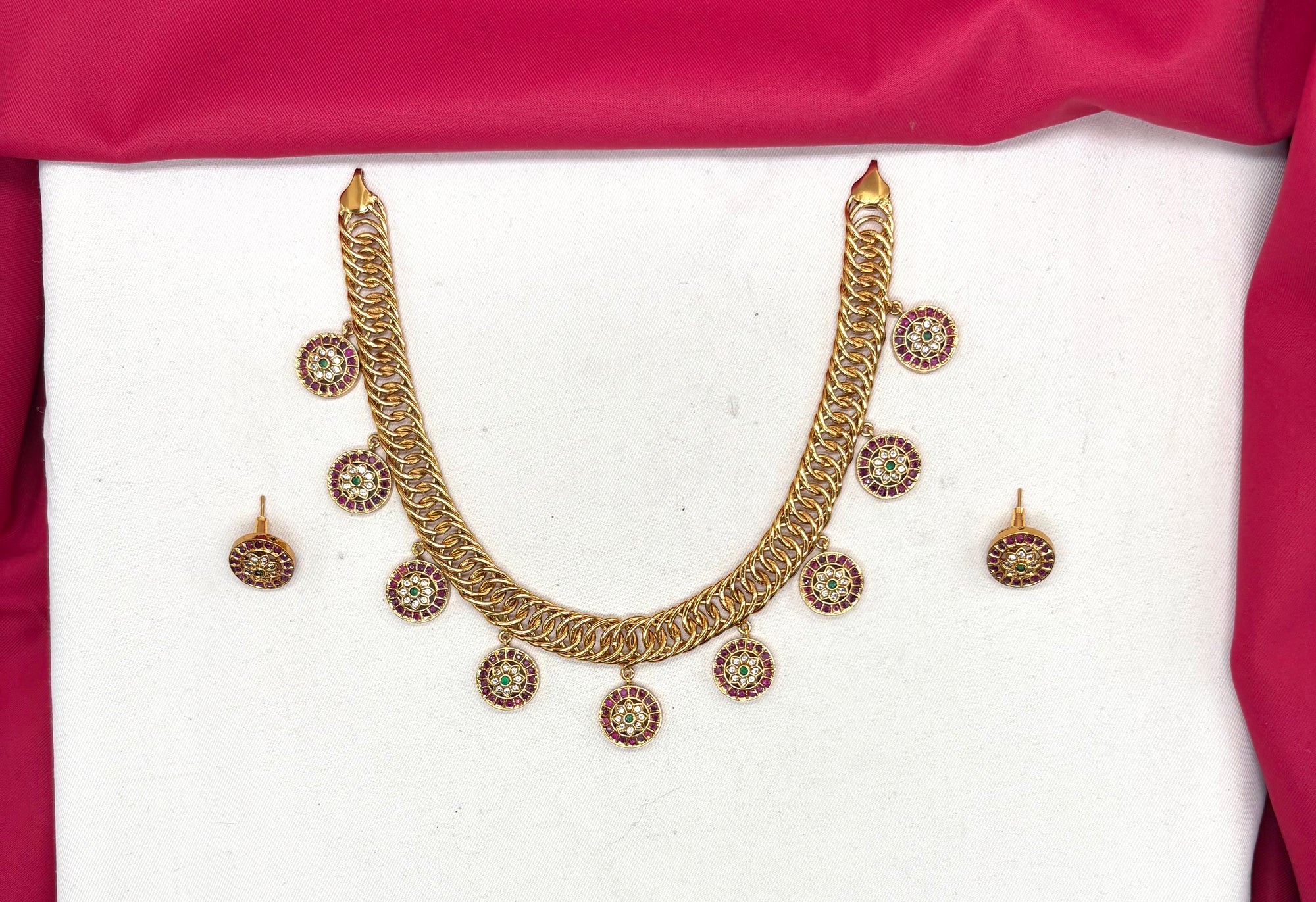 Premium Jadau Kundan Jablebi Flower Butta Pink & White Short Necklace