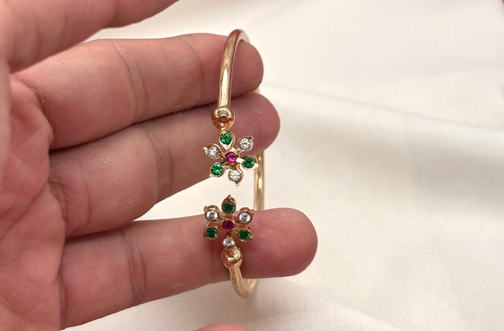 Adjustable Panchaloha kada floral design with white and Green stones