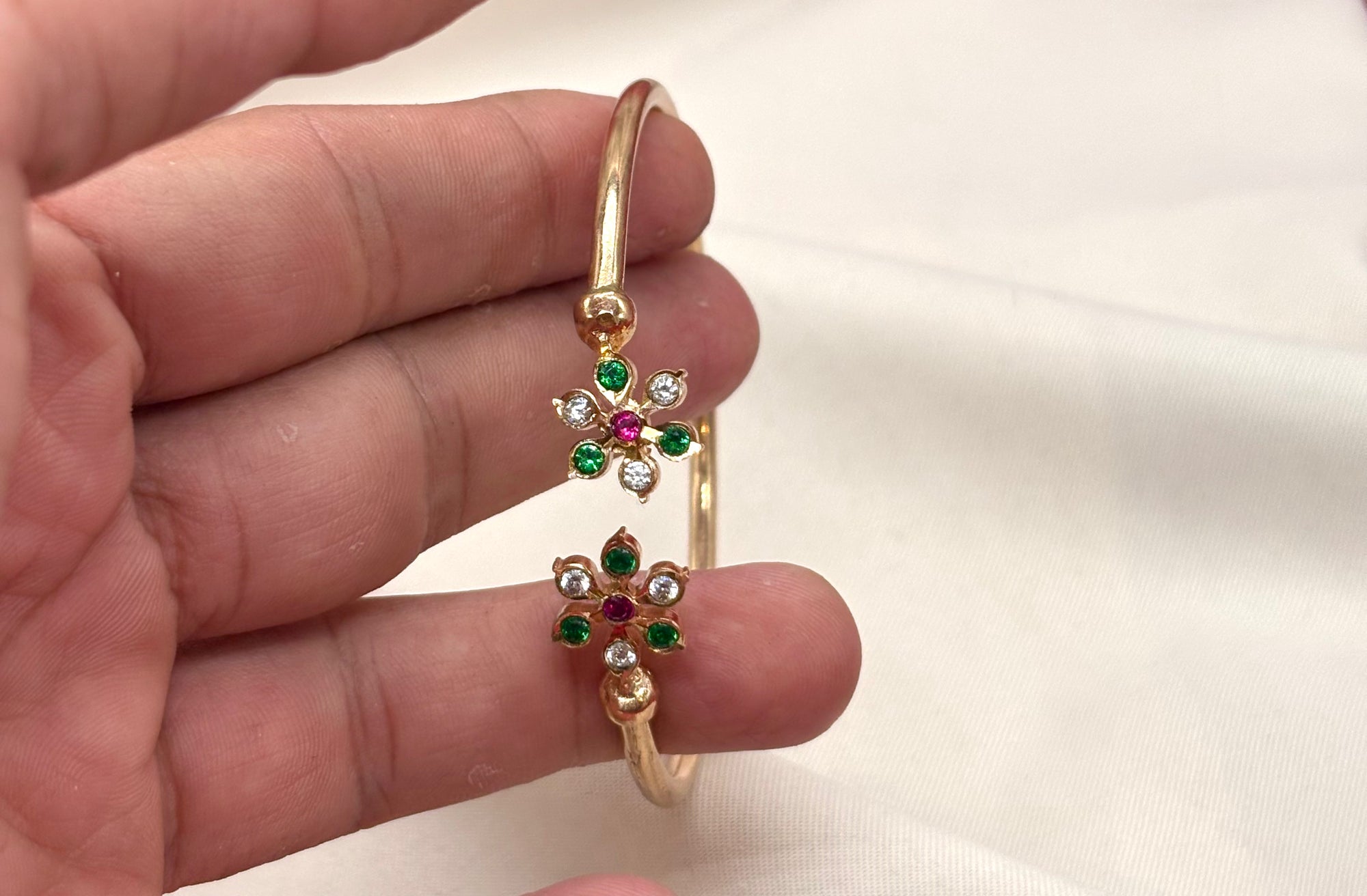 Adjustable Panchaloha kada floral design with white and Green stones