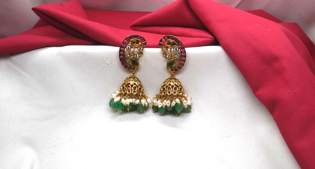 Jadau Kundan with Green Beads Jhumkas Earring