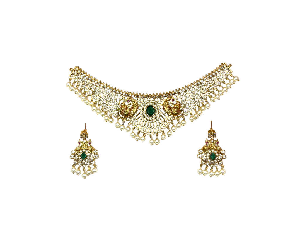 Matte finishing leaf peacock design with Green stone (choker)Necklace