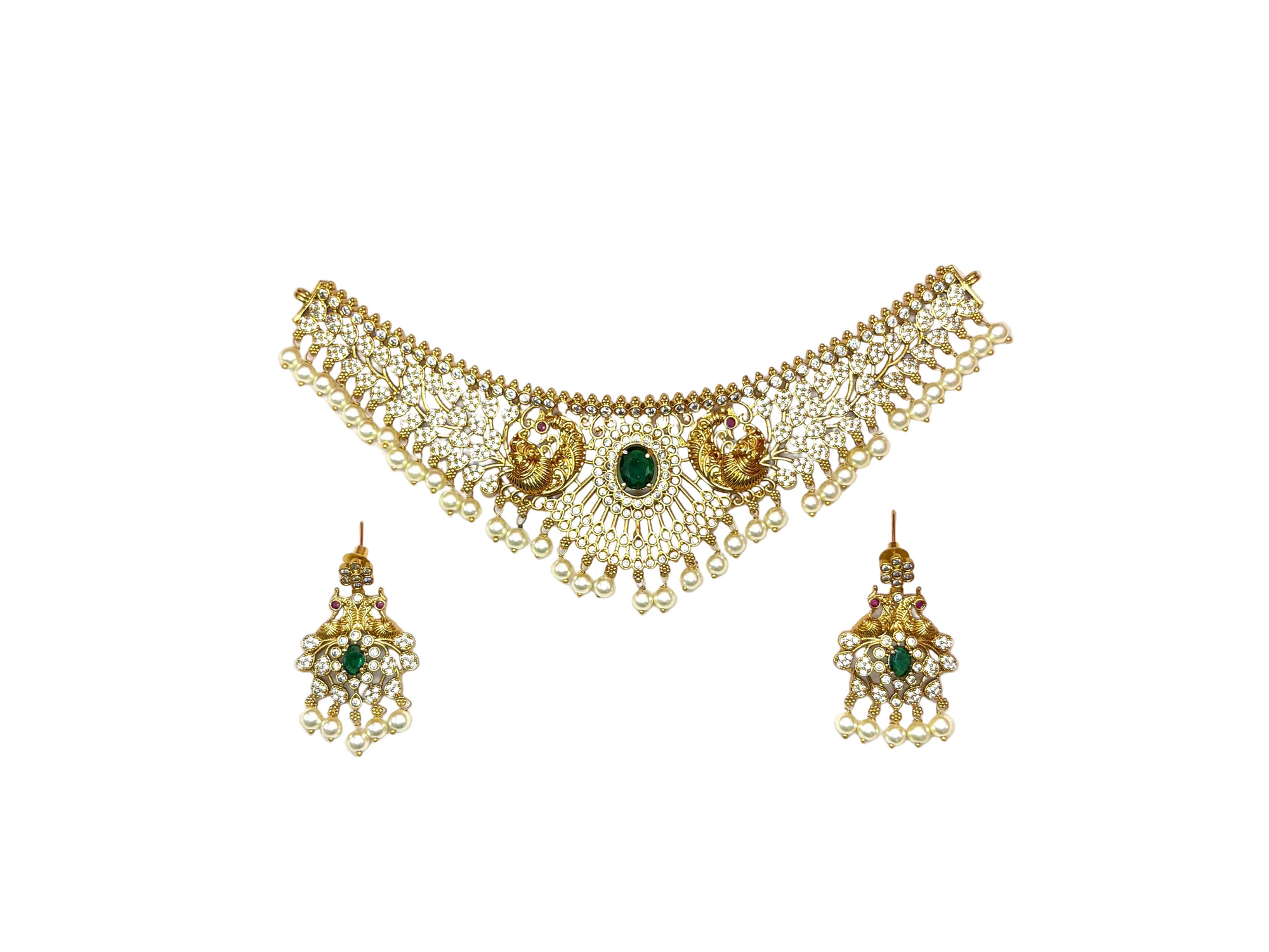 Matte finishing leaf peacock design with Green stone (choker)Necklace