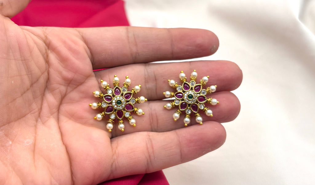 Matte finishing flower design with pink stones Handcrafted Stud