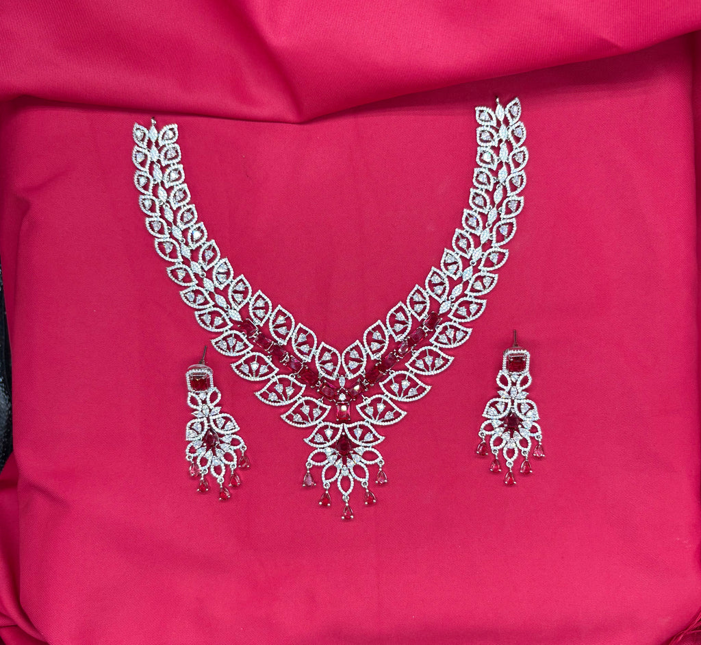 Sliver finishing American Diamond red stones leaf design stones Necklace