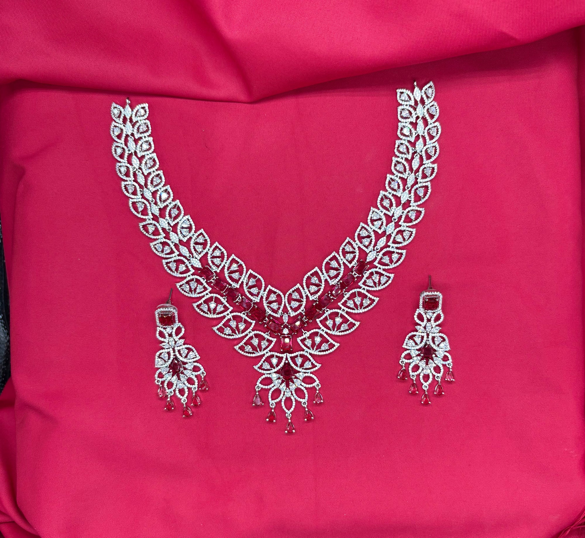Sliver finishing American Diamond red stones leaf design stones Necklace