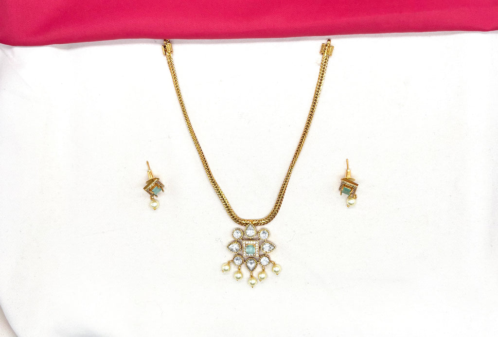 Matte finishing flower design pendent with mint-Green stone short Necklace