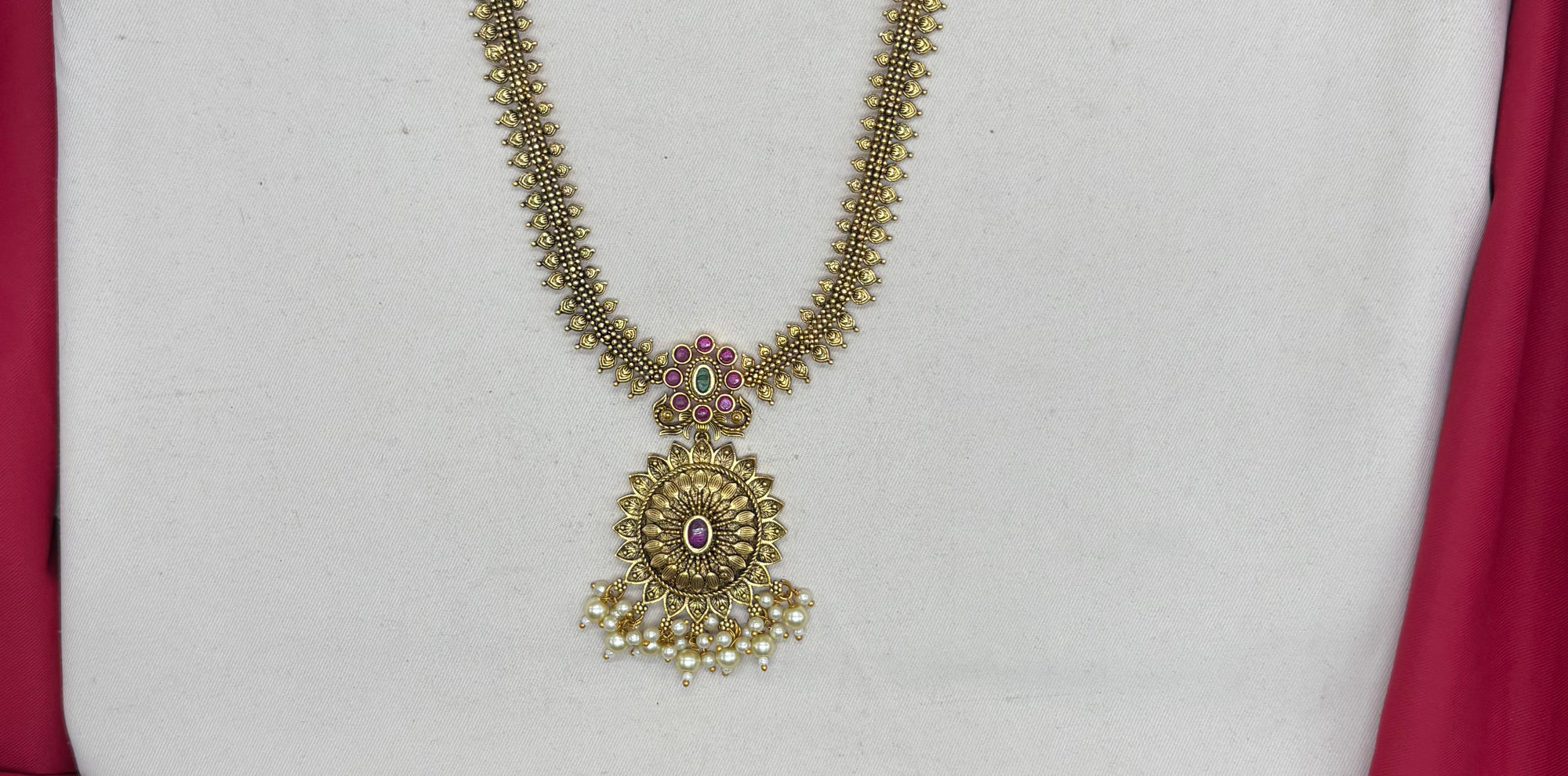 Nakshi Finishing floral design with White pearls Long Haram Necklace