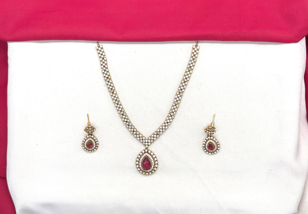 Victorian finishing American Diamonds with Central Red Stone Short Necklace