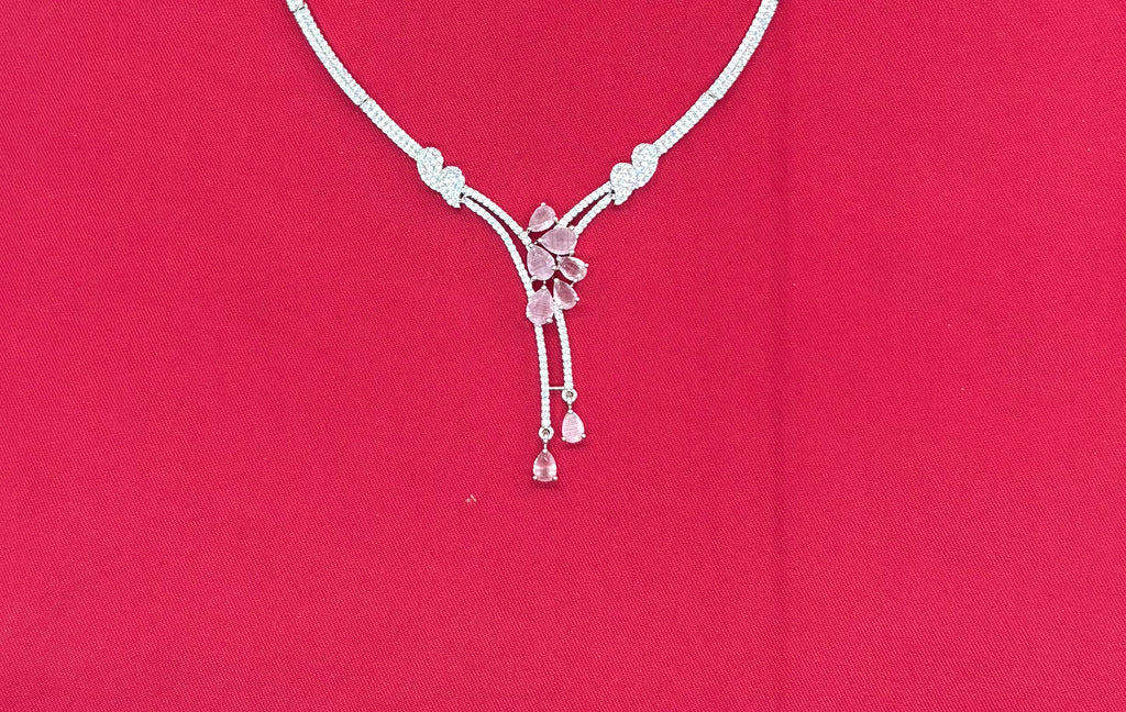 Silver American Diamonds stones deep Baby-pink teardrop and floral-shaped stones Short Necklace