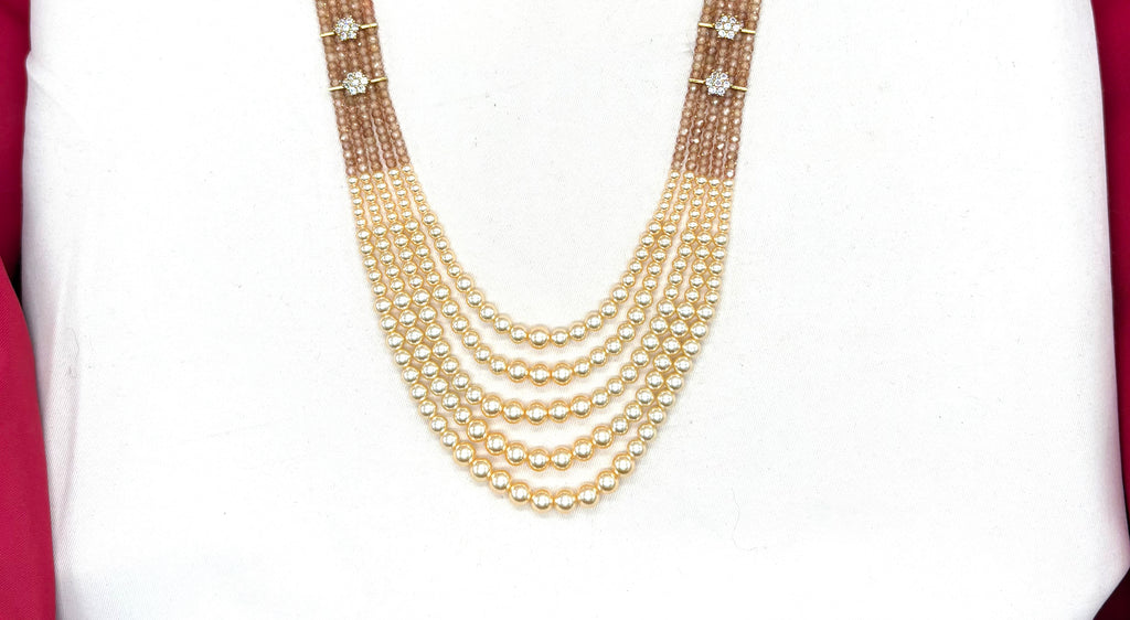 Premium Cubic Zirconia Brown beads and pearls AD with flowers design small locket Mala for Unisex