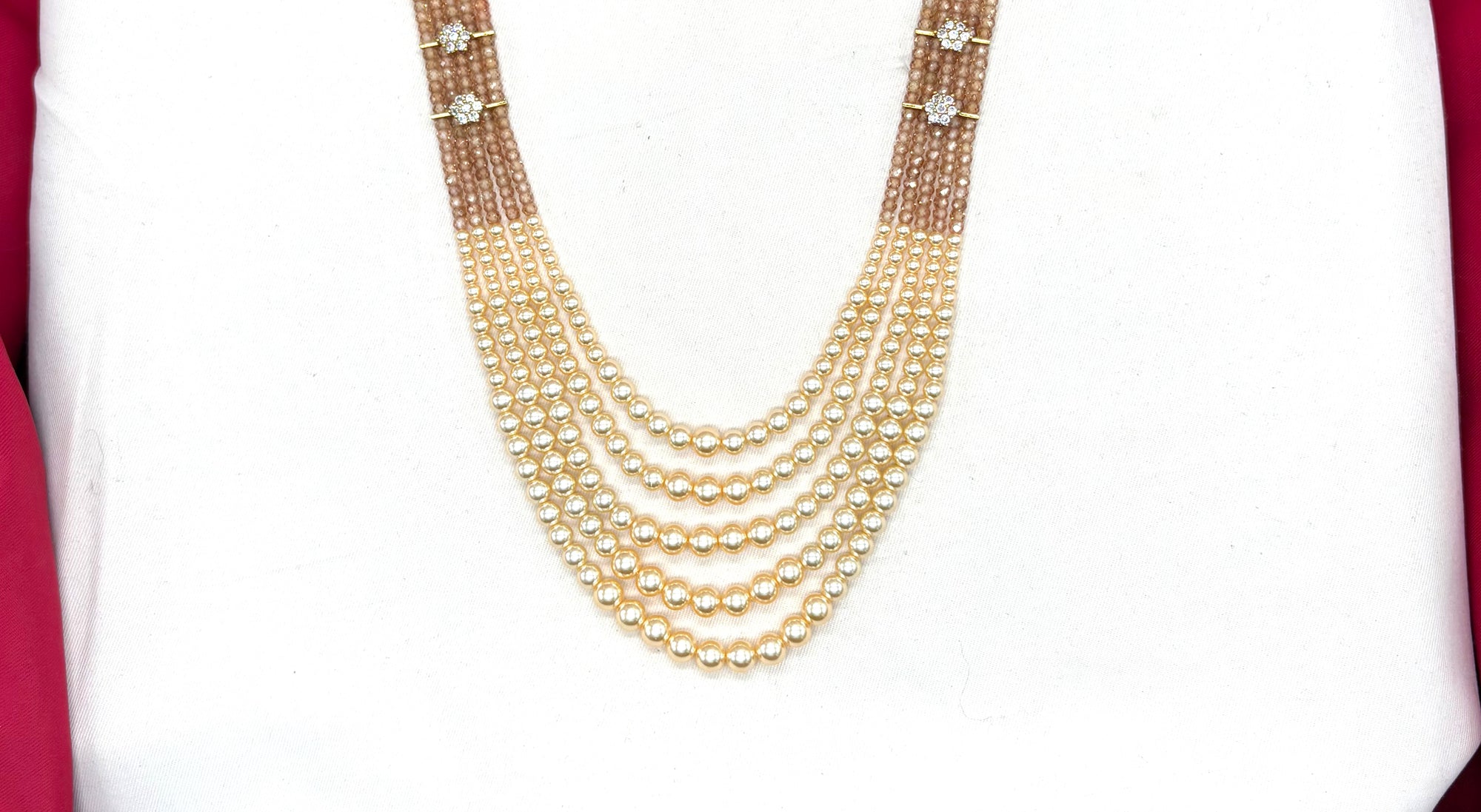 Premium Cubic Zirconia Brown beads and pearls AD with flowers design small locket Mala for Unisex